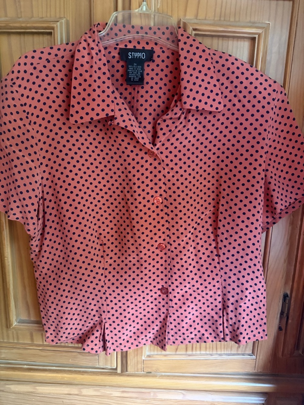 Studio Coral and navy Polka Dot Button-Front silk blouse